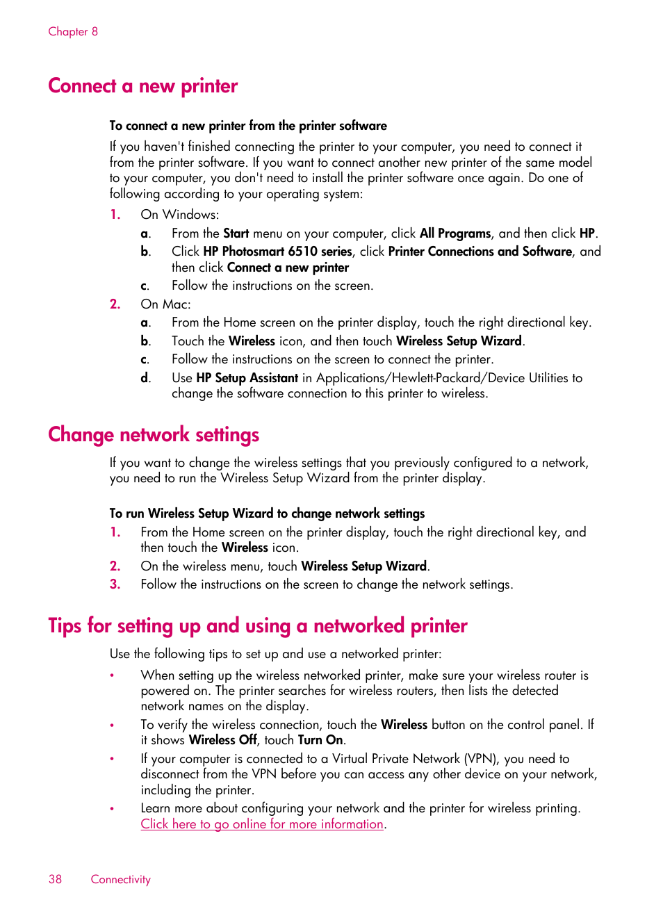 Connect a new printer, Change network settings, Tips for setting up and using a networked printer | HP 6510 User Manual | Page 40 / 64