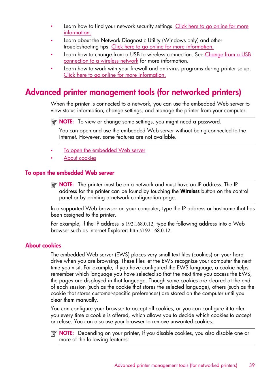 To open the embedded web server, About cookies | HP 6510 User Manual | Page 41 / 64