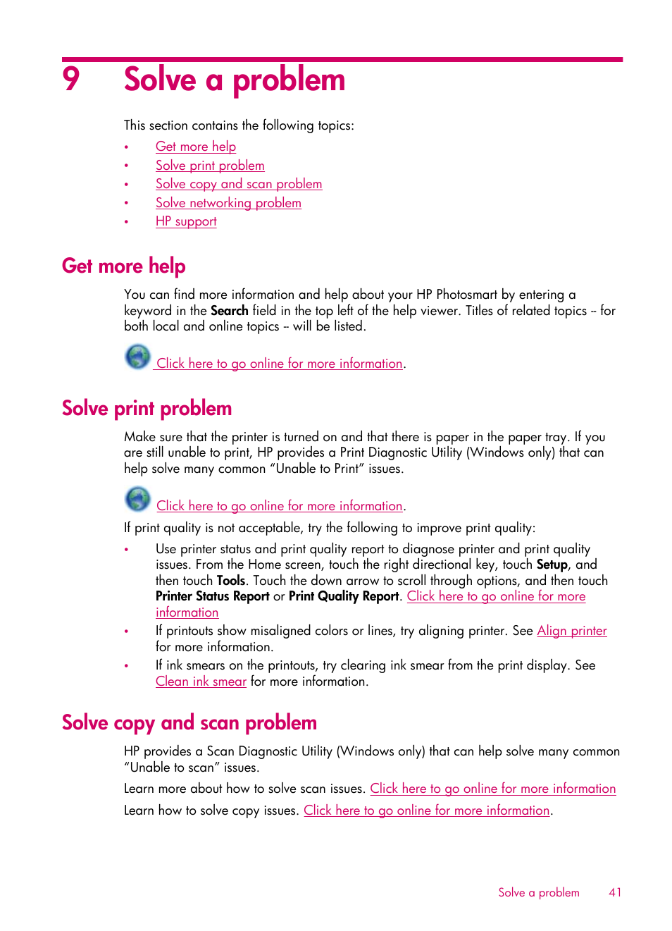 Solve a problem, Get more help, Solve print problem | Solve copy and scan problem, 9solve a problem | HP 6510 User Manual | Page 43 / 64