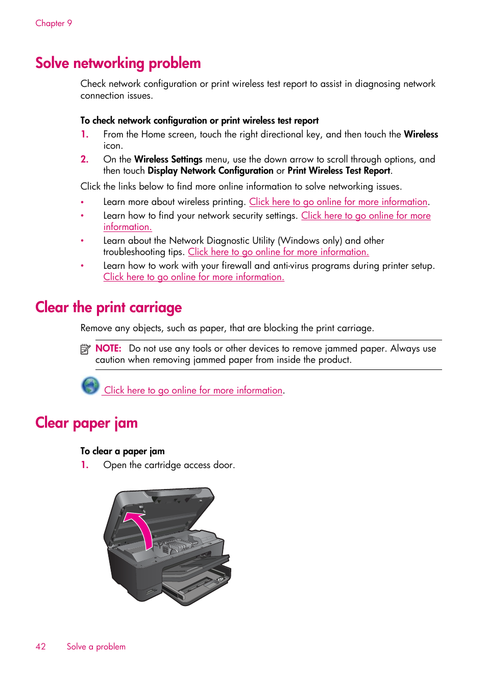 Solve networking problem, Clear paper jam, Paper jam, see | Clear the, Print carriage, For more in, Clear the print carriage | HP 6510 User Manual | Page 44 / 64