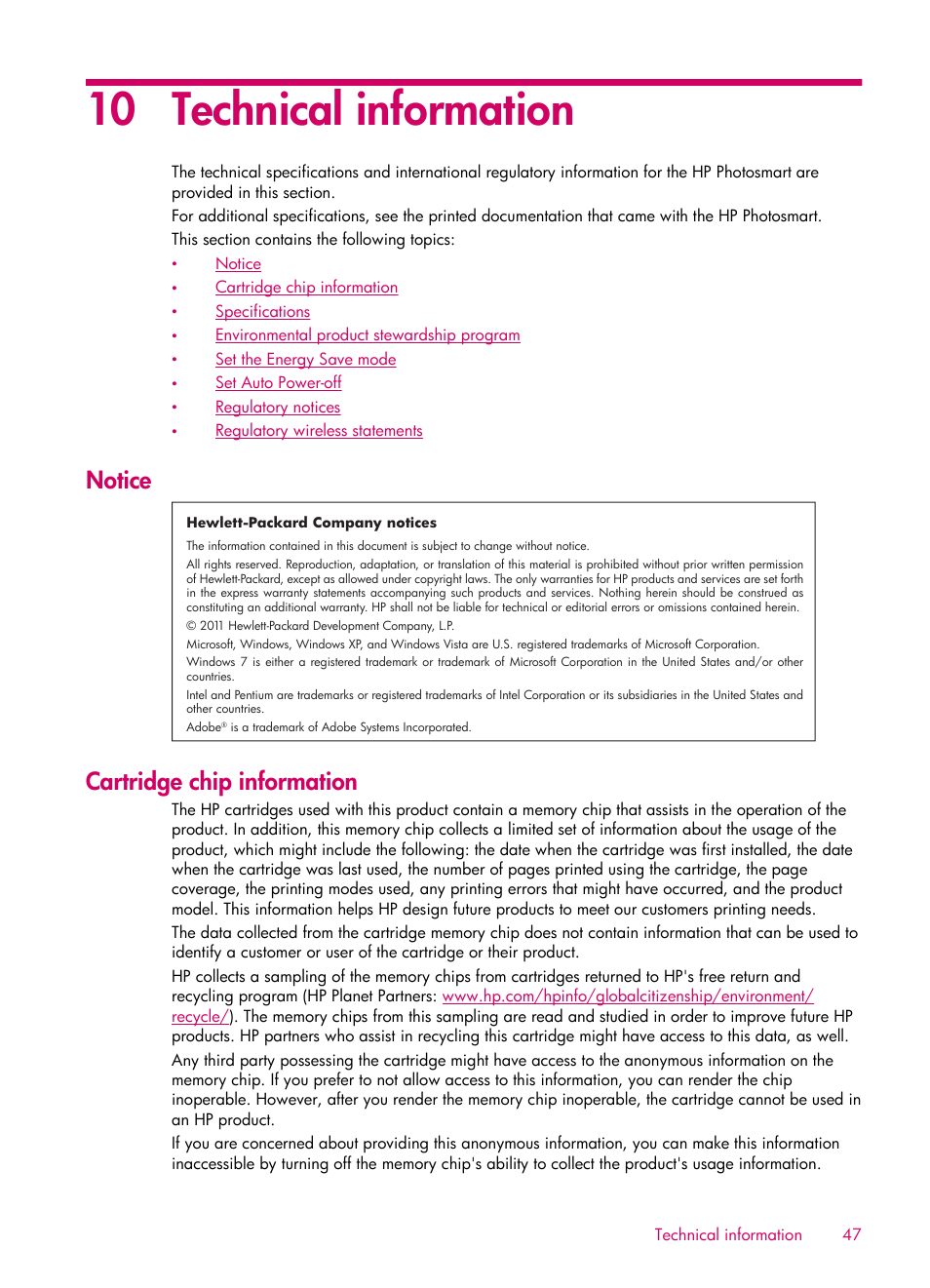 Technical information, Notice, Cartridge chip information | 10 technical information | HP 6510 User Manual | Page 49 / 64