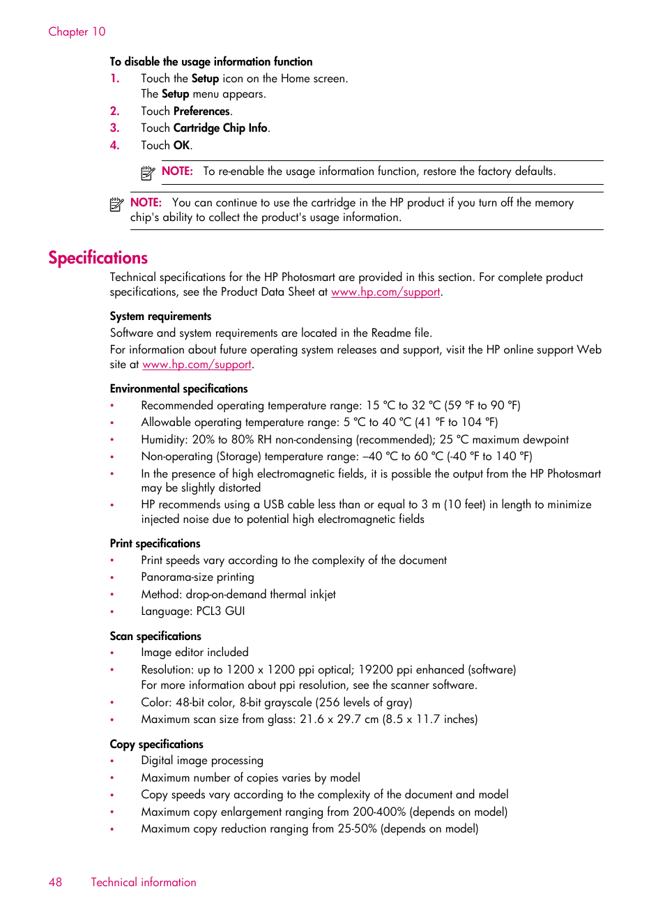 Specifications | HP 6510 User Manual | Page 50 / 64
