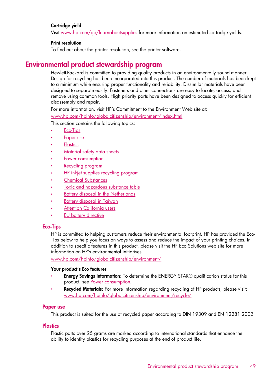 Environmental product stewardship program, Eco-tips, Paper use | Plastics | HP 6510 User Manual | Page 51 / 64