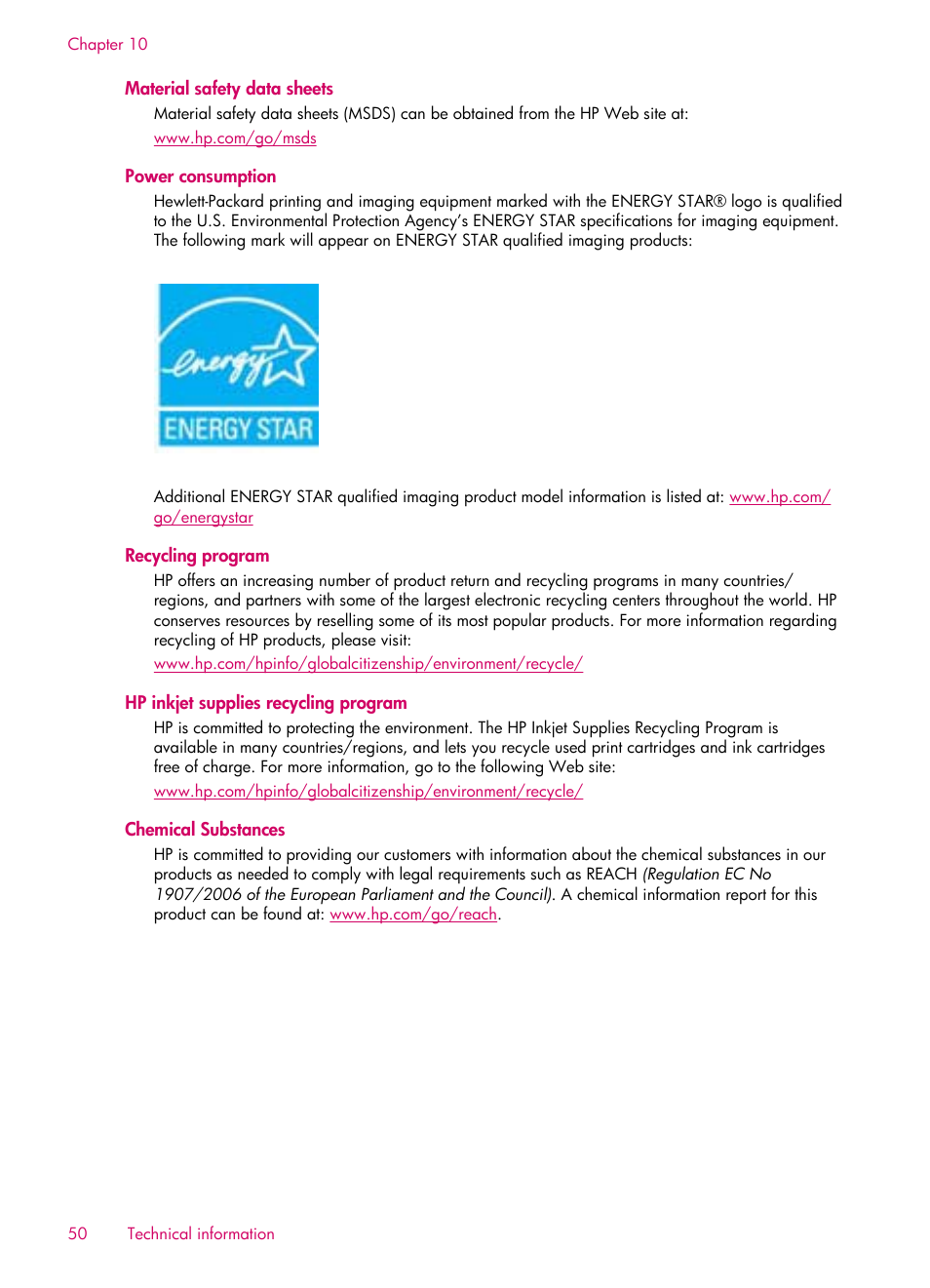 Material safety data sheets, Power consumption, Recycling program | Hp inkjet supplies recycling program, Chemical substances | HP 6510 User Manual | Page 52 / 64