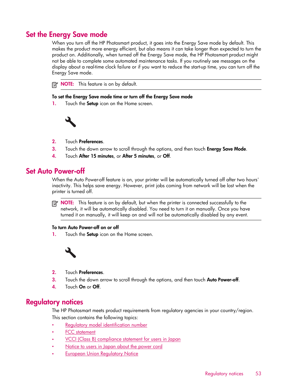 Set the energy save mode, Set auto power-off, Regulatory notices | HP 6510 User Manual | Page 55 / 64