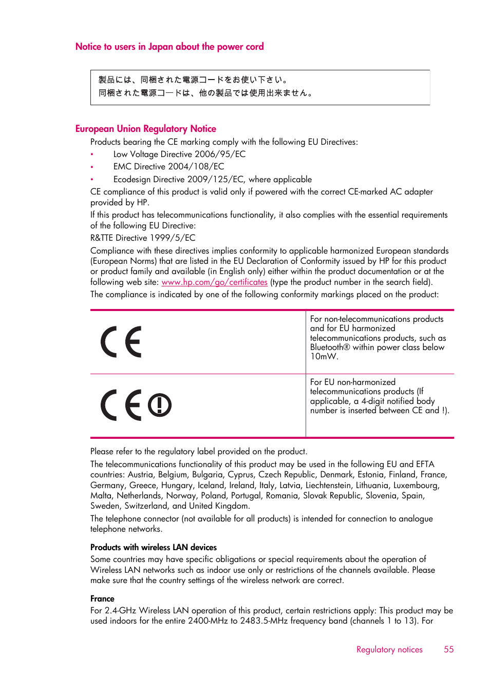Notice to users in japan about the power cord, European union regulatory notice | HP 6510 User Manual | Page 57 / 64
