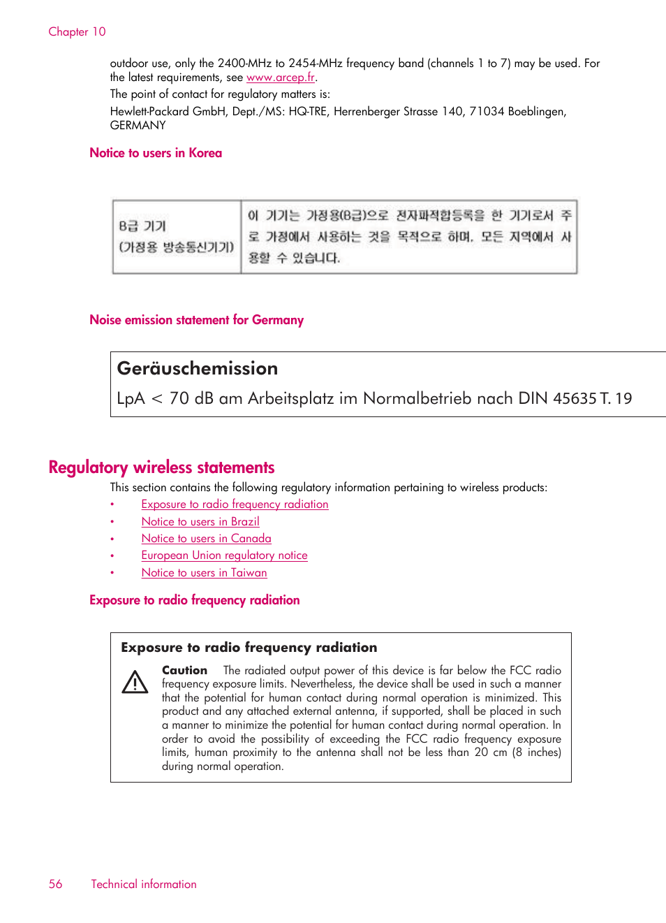 Notice to users in korea, Noise emission statement for germany, Regulatory wireless statements | Exposure to radio frequency radiation, Geräuschemission | HP 6510 User Manual | Page 58 / 64