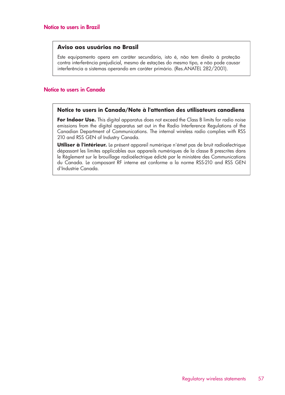 Notice to users in brazil, Notice to users in canada | HP 6510 User Manual | Page 59 / 64