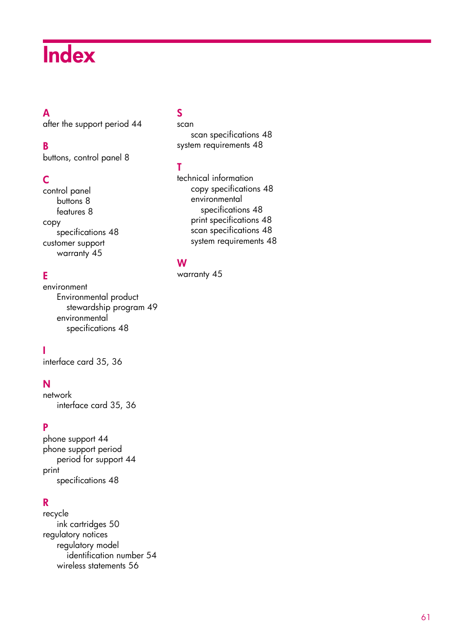 Index | HP 6510 User Manual | Page 63 / 64