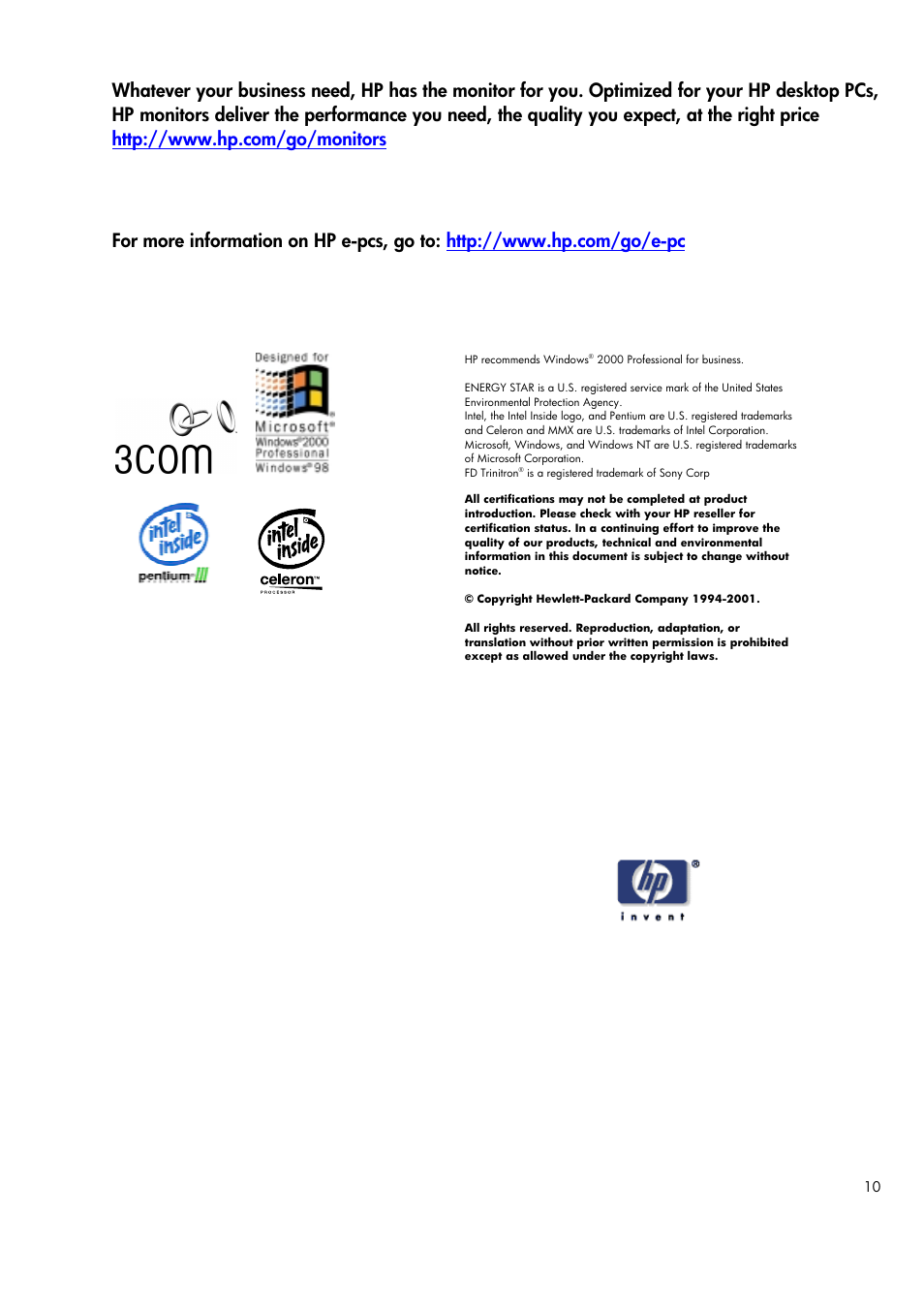 HP Business e-pc User Manual | Page 10 / 10