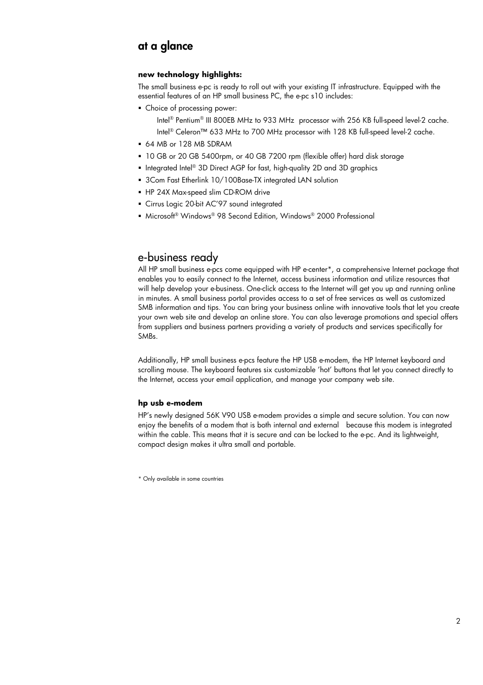 At a glance, E-business ready | HP Business e-pc User Manual | Page 2 / 10