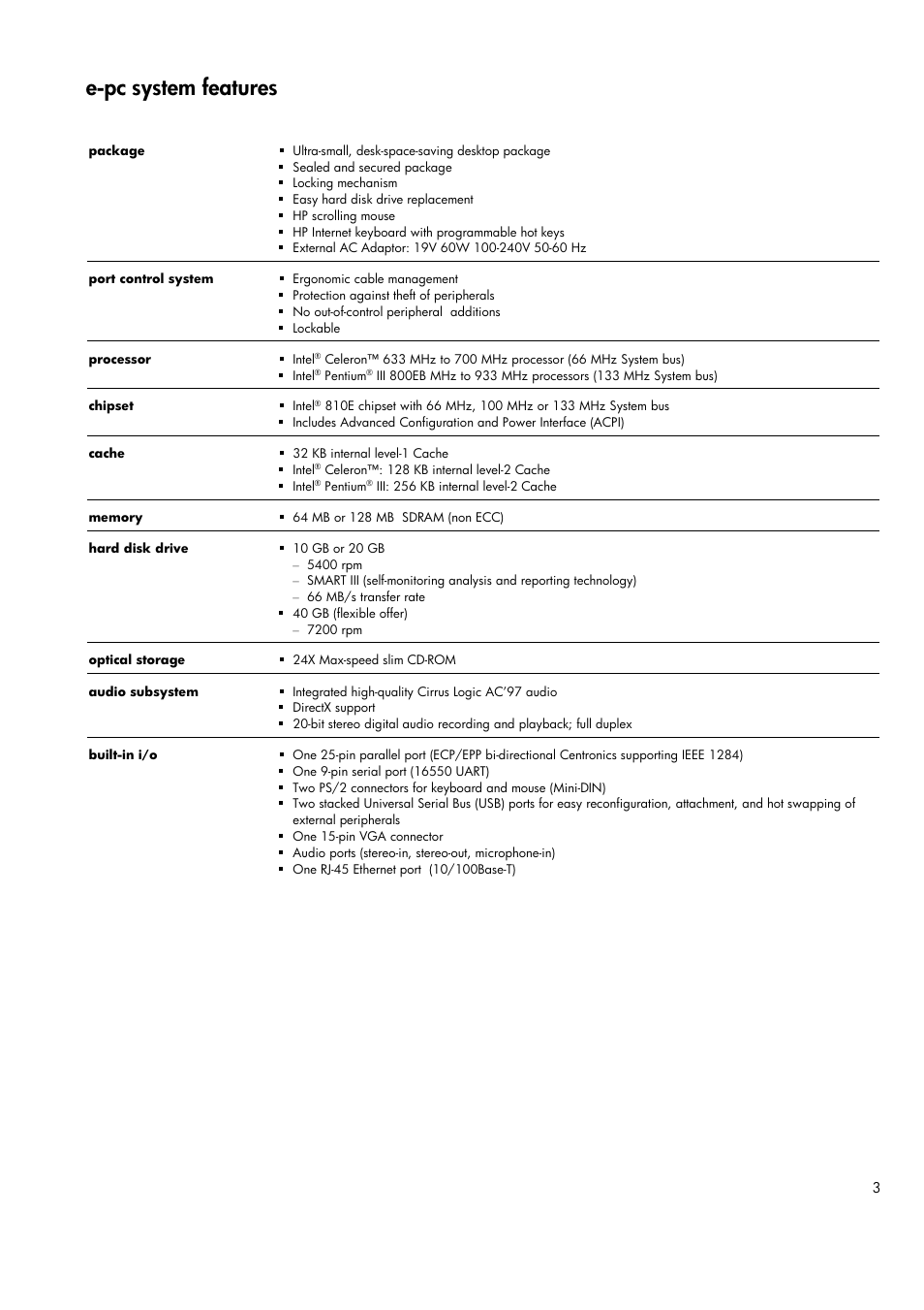 E-pc system features | HP Business e-pc User Manual | Page 3 / 10