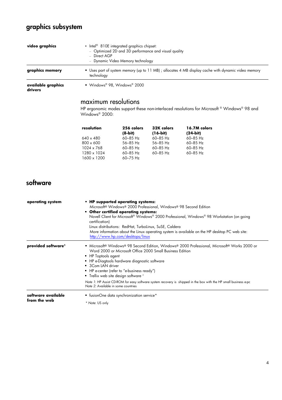 Graphics subsystem, Software, Maximum resolutions | HP Business e-pc User Manual | Page 4 / 10