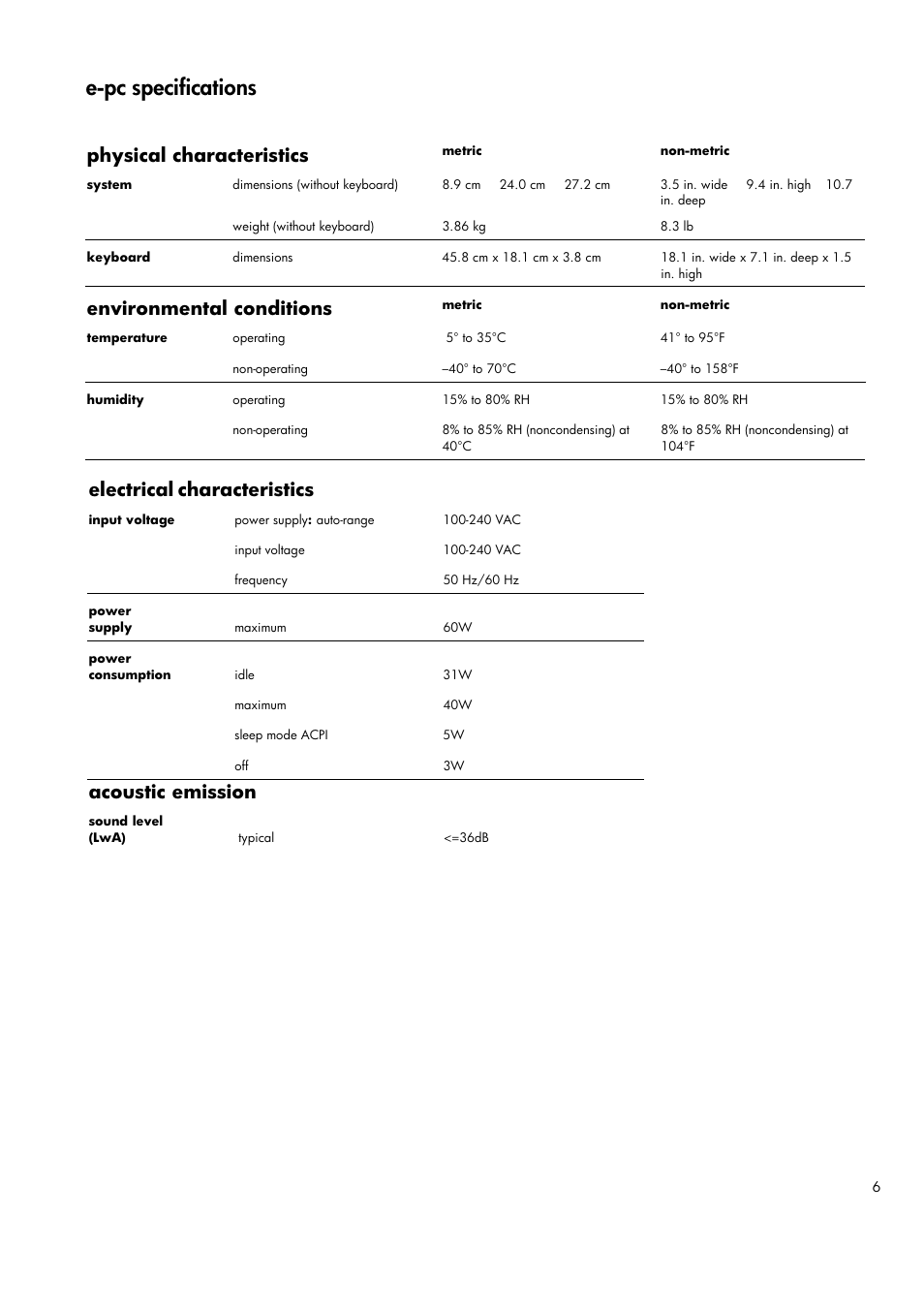 E-pc specifications, Physical characteristics, Environmental conditions | Electrical, Characteristics, Acoustic emission | HP Business e-pc User Manual | Page 6 / 10