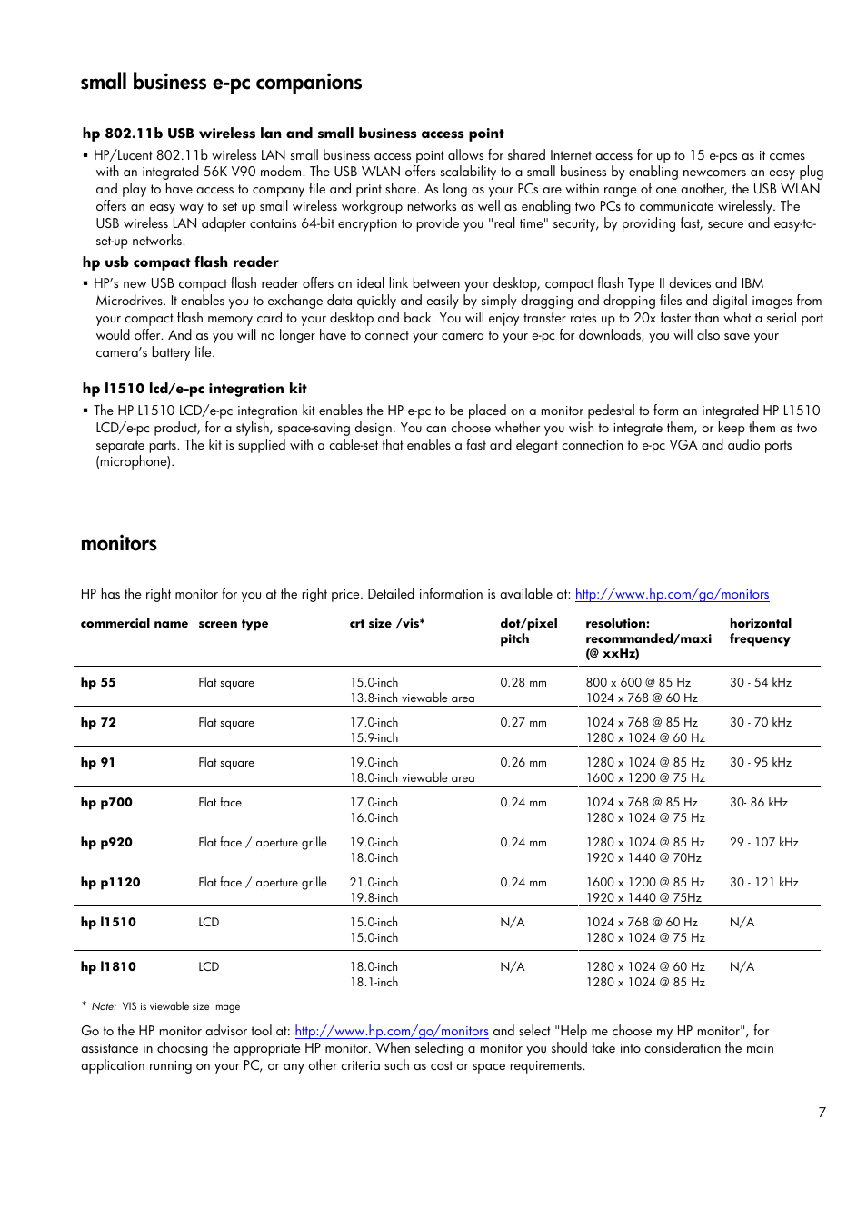 Small business e-pc companions, Monitors | HP Business e-pc User Manual | Page 7 / 10