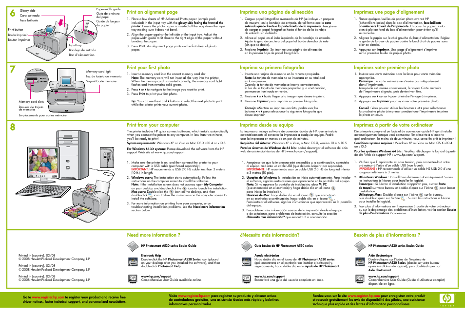 Need more information ? print your first photo, Print an alignment page, Print from your computer | Imprima desde su equipo, Necesita más información, Imprimez à partir de votre ordinateur, Besoin de plus d’informations | HP PhotoSmart A530 User Manual | Page 2 / 2