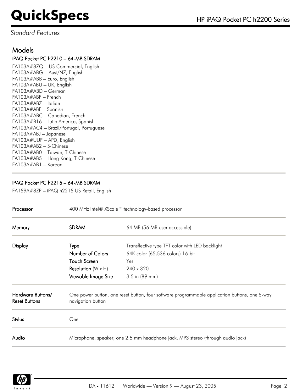 Standard features, Quickspecs, Models | Hp ipaq pocket pc h2200 series, Hp ipaq pocket pc h2200 series standard features | HP H2200 User Manual | Page 2 / 9
