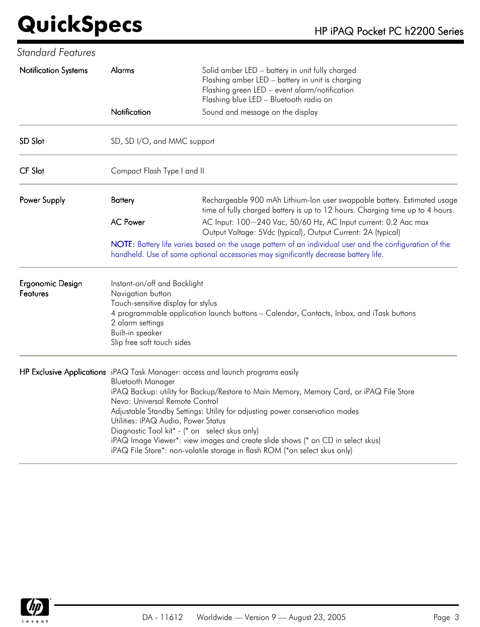 Quickspecs, Hp ipaq pocket pc h2200 series, Hp ipaq pocket pc h2200 series standard features | HP H2200 User Manual | Page 3 / 9