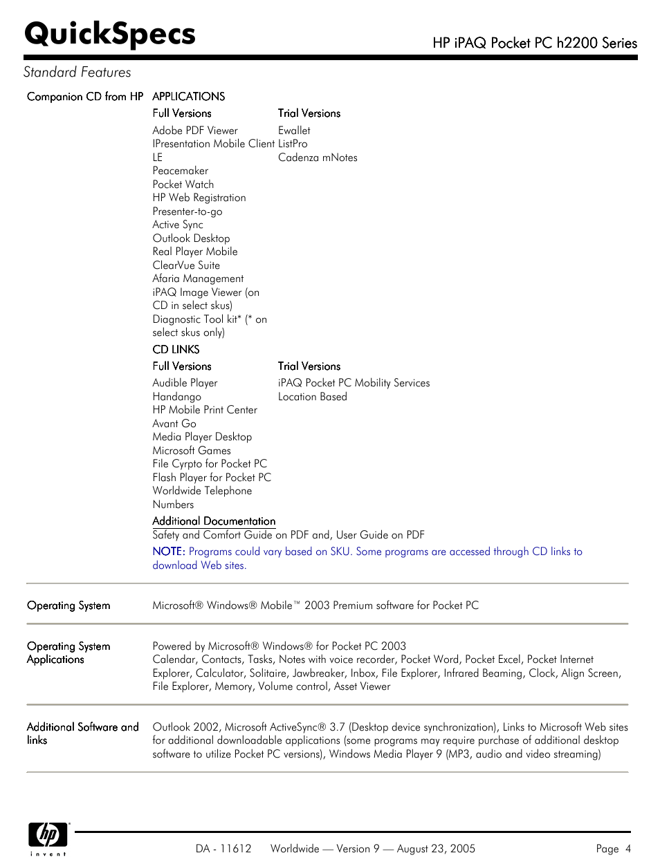 Quickspecs, Hp ipaq pocket pc h2200 series, Hp ipaq pocket pc h2200 series standard features | HP H2200 User Manual | Page 4 / 9