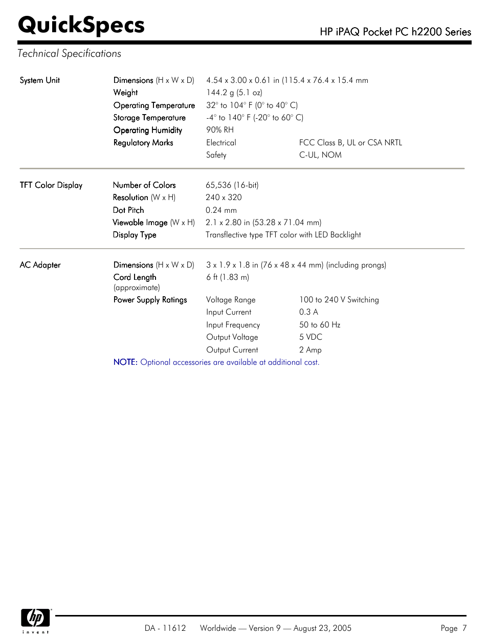 Technical specifications, Quickspecs, Hp ipaq pocket pc h2200 series | HP H2200 User Manual | Page 7 / 9