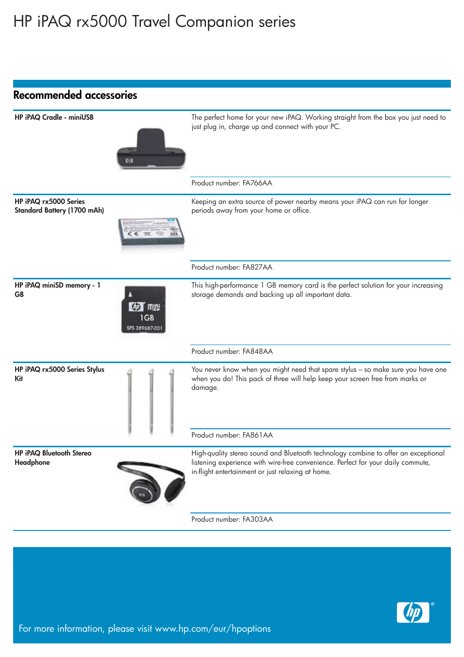 Hp ipaq rx5000 travel companion series, Recommended accessories | HP RX5000 User Manual | Page 3 / 3