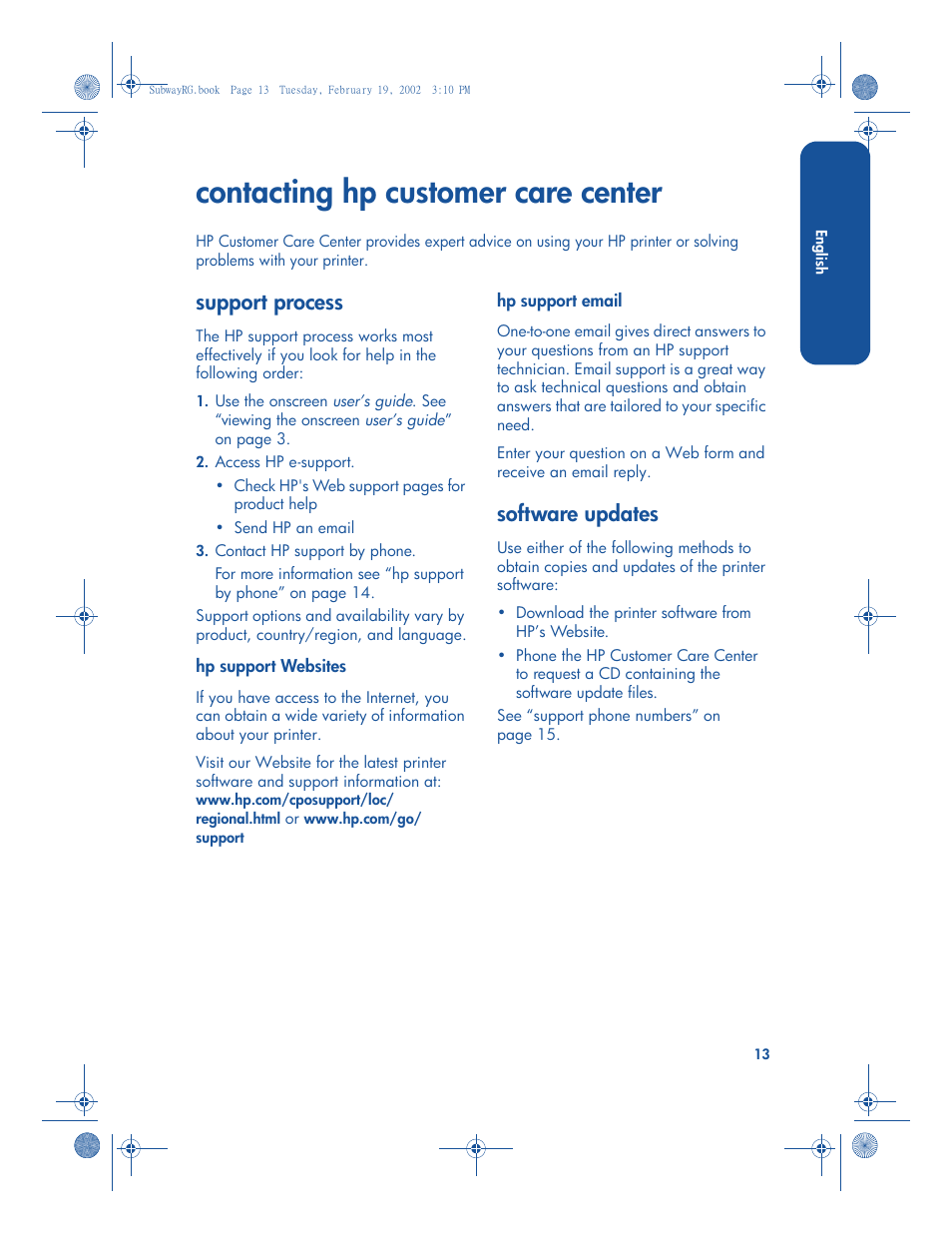 Contacting hp customer care center, Support process, Software updates | HP 3820 series User Manual | Page 17 / 24