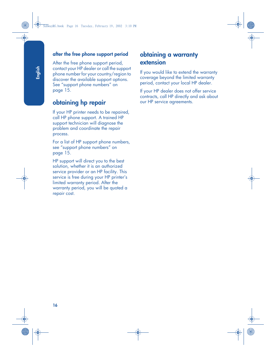 Obtaining hp repair, Obtaining a warranty extension | HP 3820 series User Manual | Page 20 / 24