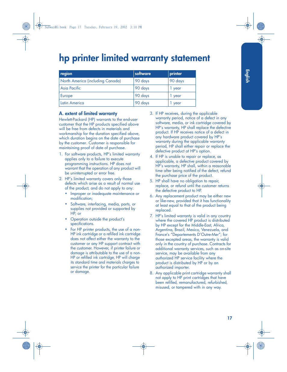 Hp printer limited warranty statement | HP 3820 series User Manual | Page 21 / 24