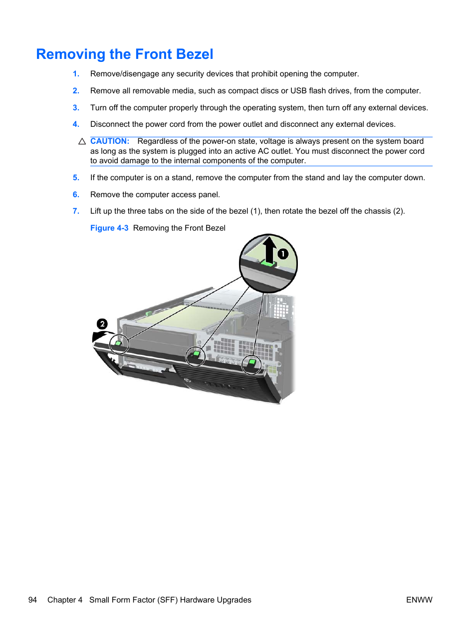 Removing the front bezel | HP 6200 User Manual | Page 102 / 181