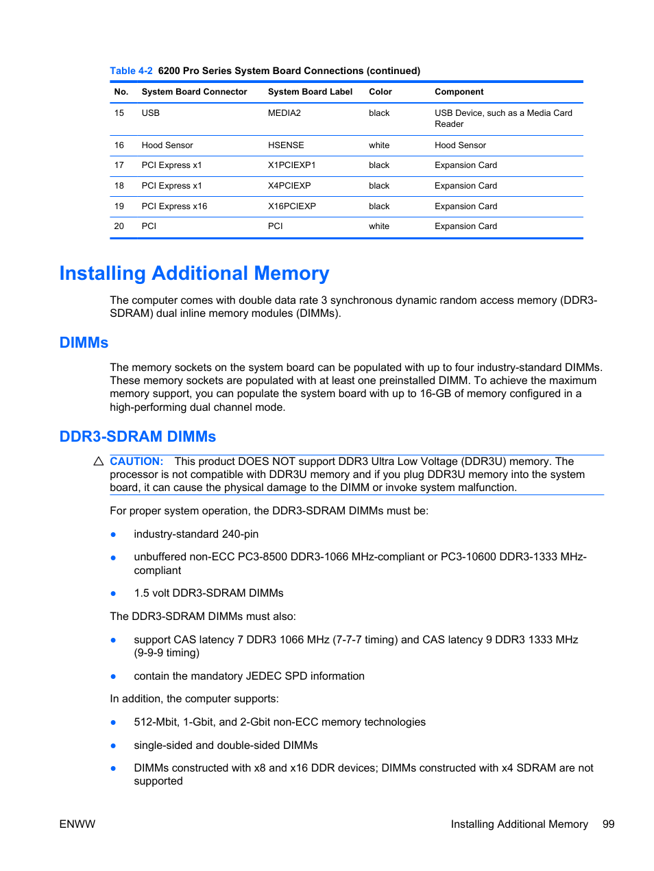 Installing additional memory, Dimms, Ddr3-sdram dimms | Dimms ddr3-sdram dimms | HP 6200 User Manual | Page 107 / 181