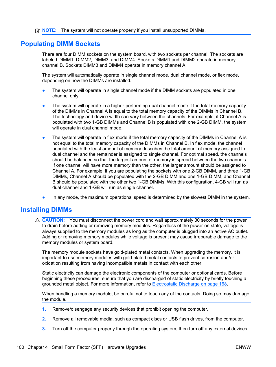 Populating dimm sockets, Installing dimms, Populating dimm sockets installing dimms | HP 6200 User Manual | Page 108 / 181
