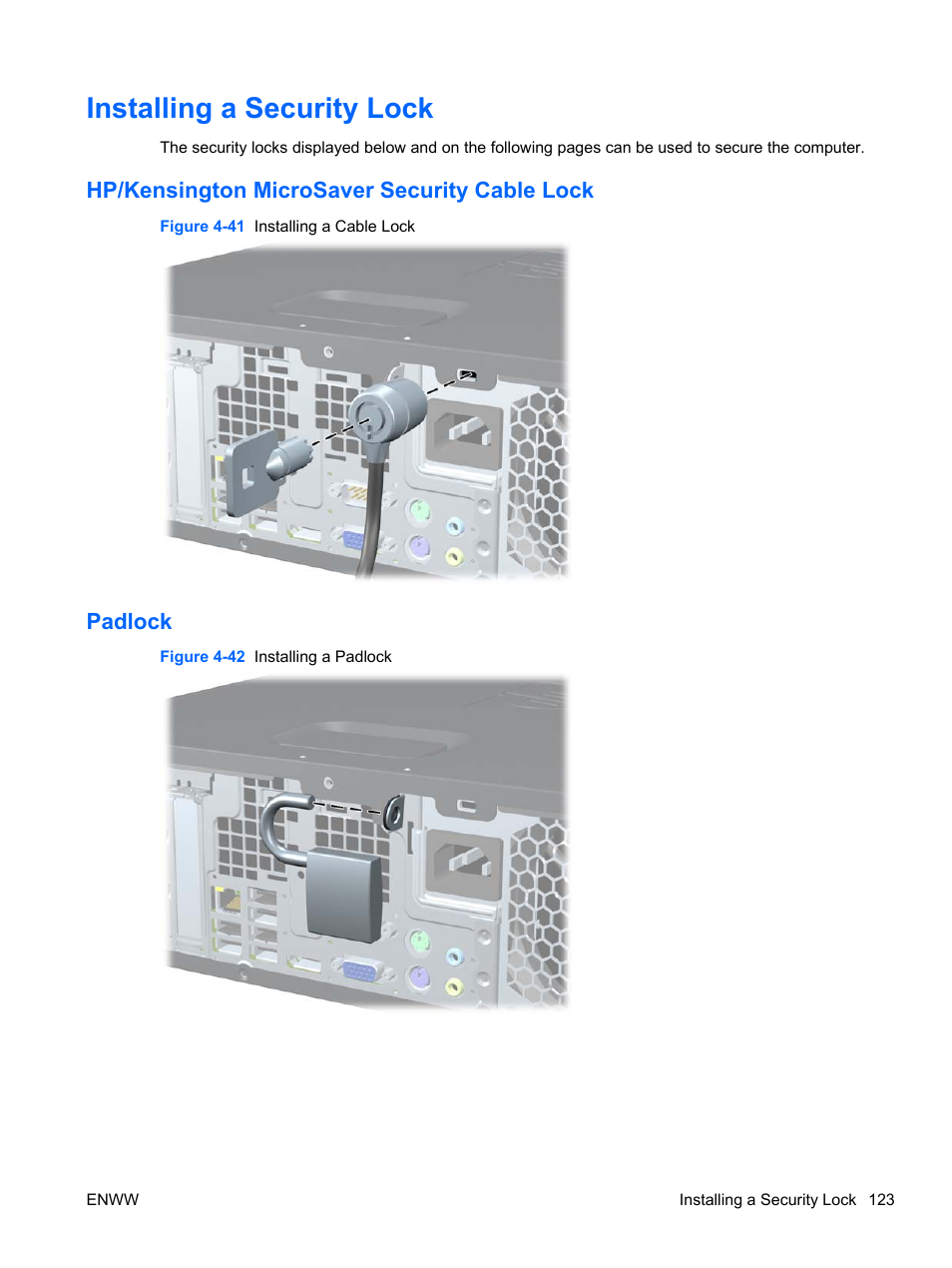 Installing a security lock, Hp/kensington microsaver security cable lock, Padlock | HP 6200 User Manual | Page 131 / 181