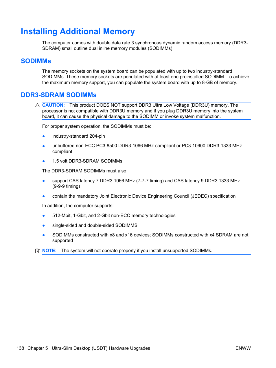 Installing additional memory, Sodimms, Ddr3-sdram sodimms | Sodimms ddr3-sdram sodimms | HP 6200 User Manual | Page 146 / 181