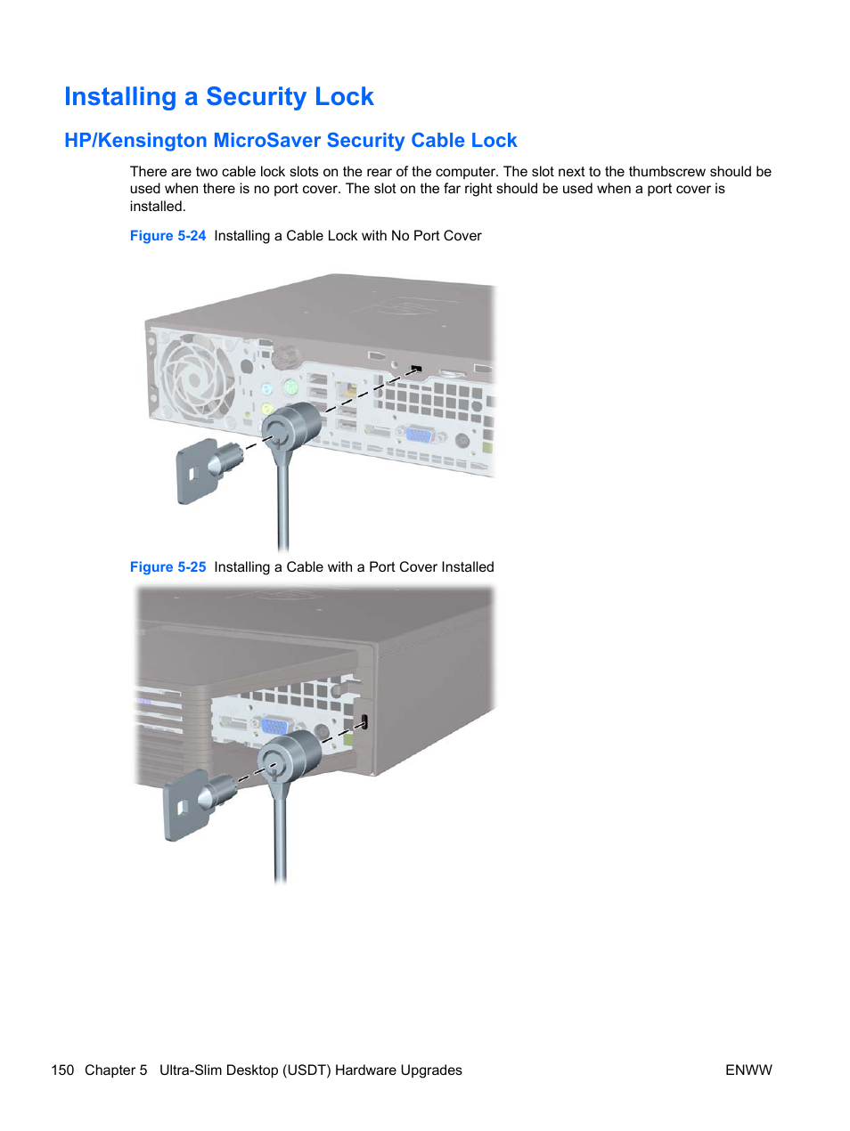 Installing a security lock, Hp/kensington microsaver security cable lock | HP 6200 User Manual | Page 158 / 181