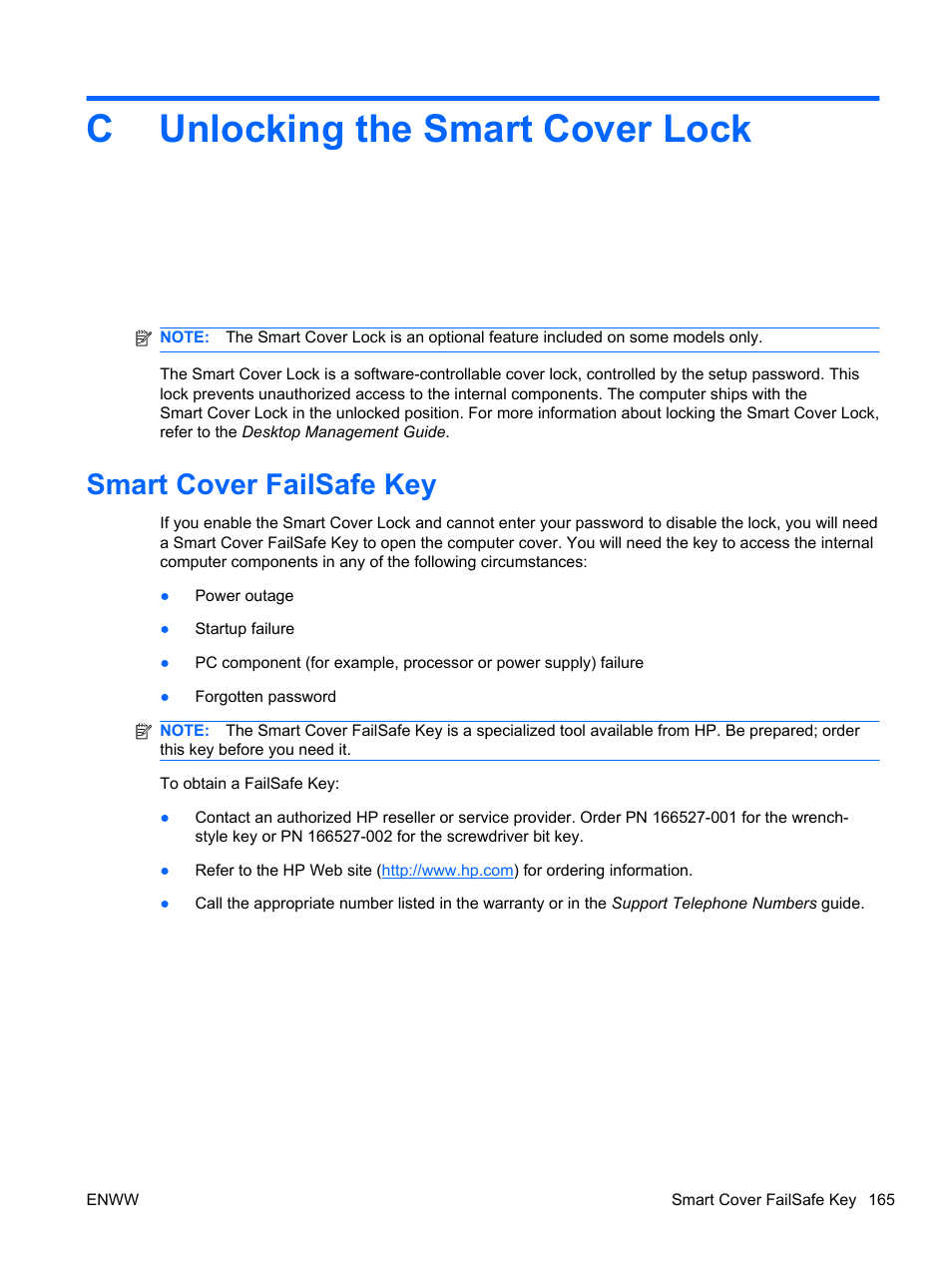 Unlocking the smart cover lock, Smart cover failsafe key, Appendix c unlocking the smart cover lock | Cunlocking the smart cover lock | HP 6200 User Manual | Page 173 / 181