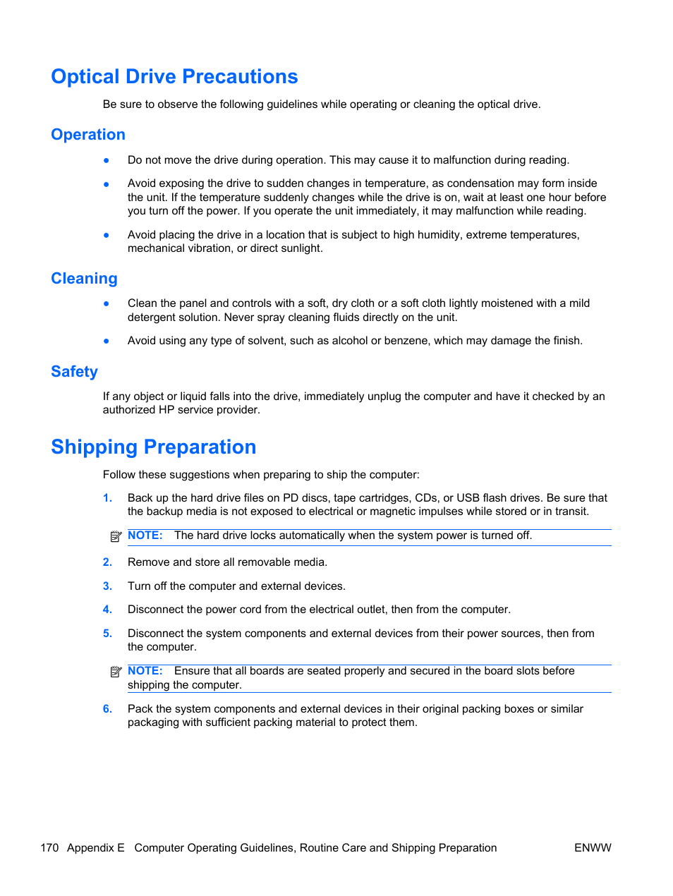 Optical drive precautions, Operation, Cleaning | Safety, Shipping preparation, Operation cleaning safety | HP 6200 User Manual | Page 178 / 181