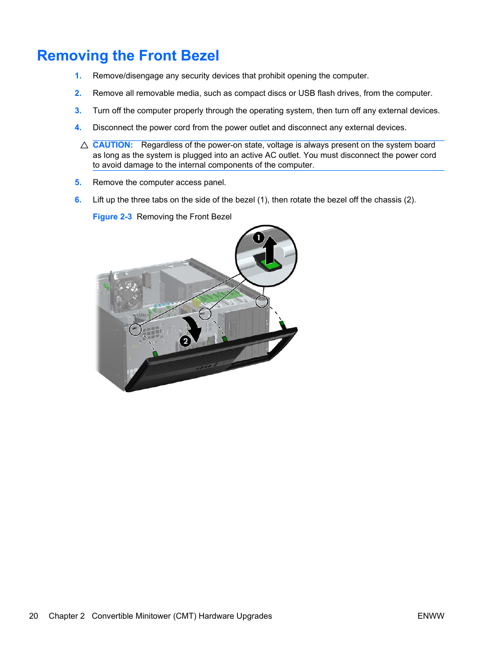 Removing the front bezel | HP 6200 User Manual | Page 28 / 181