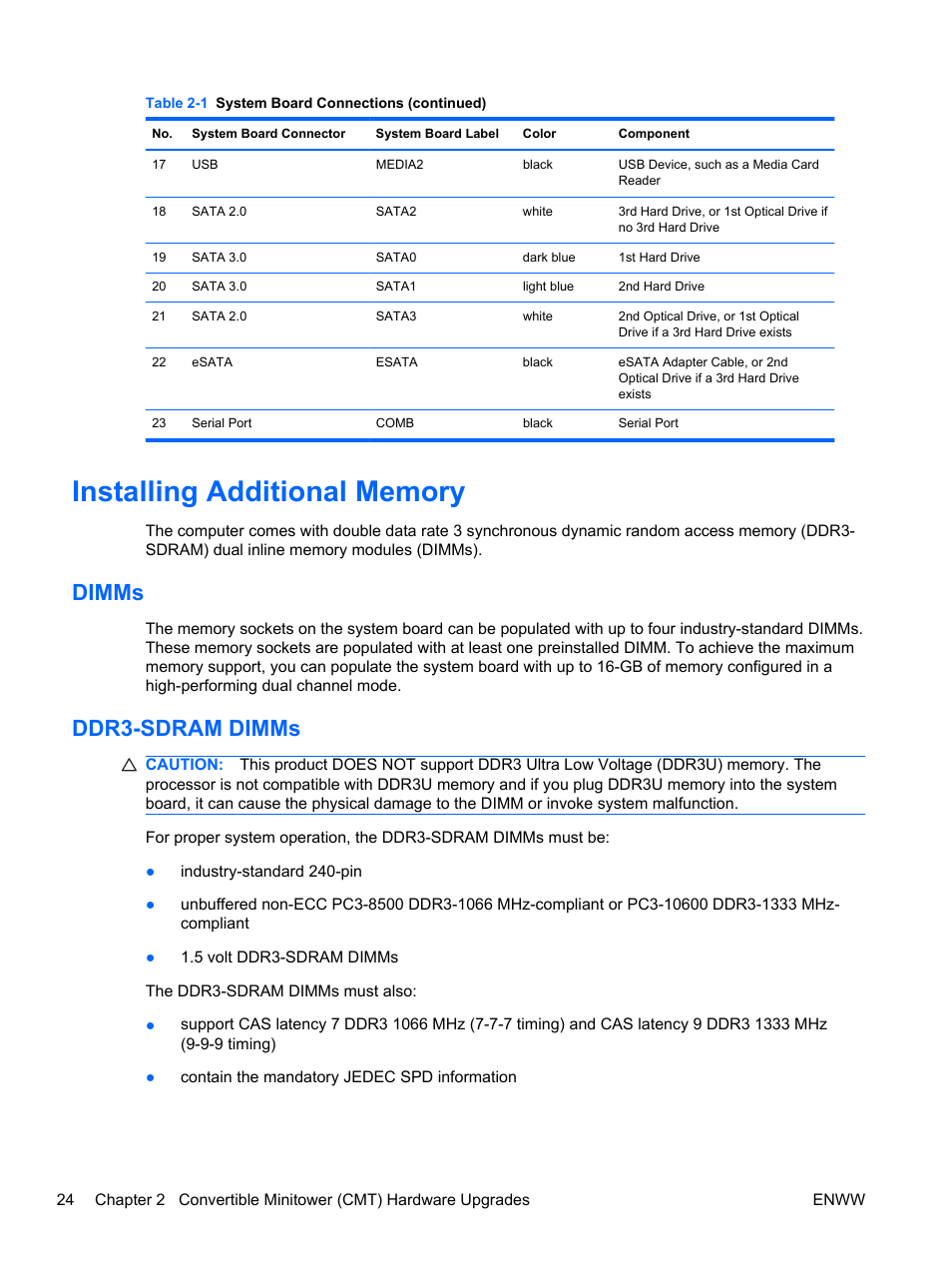 Installing additional memory, Dimms, Ddr3-sdram dimms | Dimms ddr3-sdram dimms | HP 6200 User Manual | Page 32 / 181