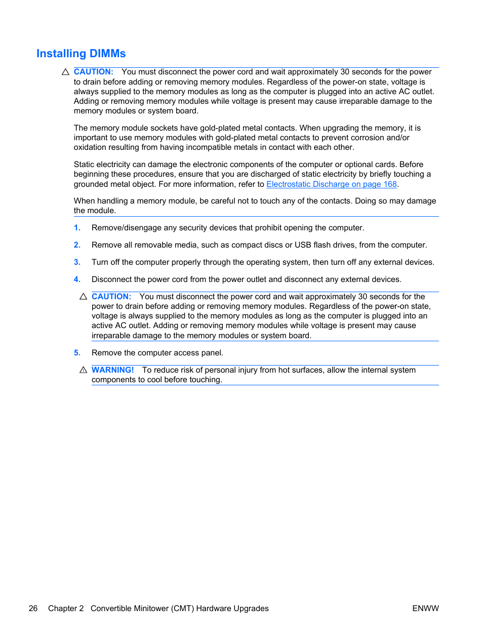 Installing dimms | HP 6200 User Manual | Page 34 / 181