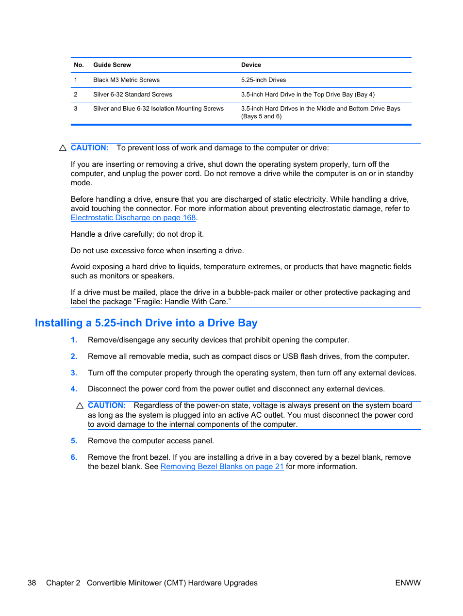 Installing a 5.25-inch drive into a drive bay | HP 6200 User Manual | Page 46 / 181