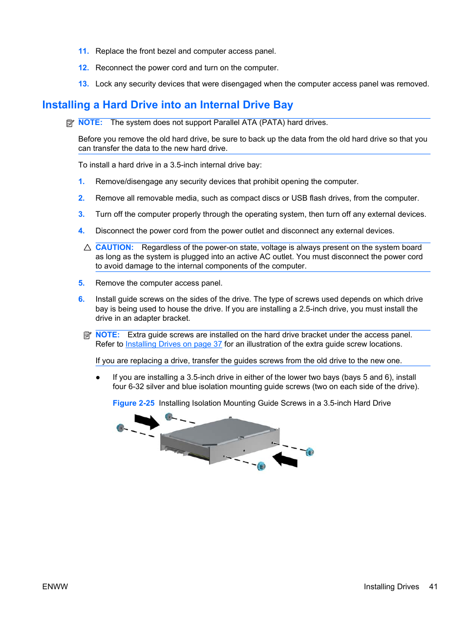 Installing a hard drive into an internal drive bay | HP 6200 User Manual | Page 49 / 181