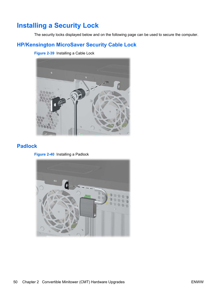 Installing a security lock, Hp/kensington microsaver security cable lock, Padlock | HP 6200 User Manual | Page 58 / 181