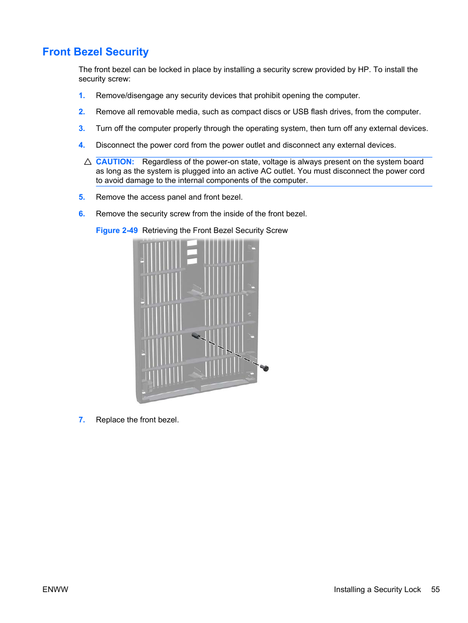 Front bezel security | HP 6200 User Manual | Page 63 / 181