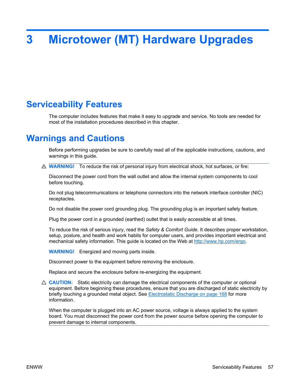 Microtower (mt) hardware upgrades, Serviceability features, Warnings and cautions | 3 microtower (mt) hardware upgrades, Serviceability features warnings and cautions, 3microtower (mt) hardware upgrades | HP 6200 User Manual | Page 65 / 181