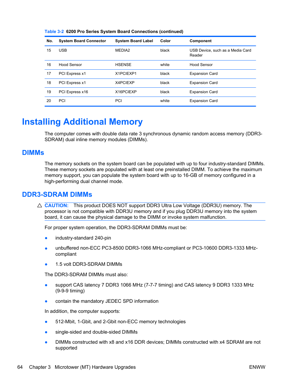 Installing additional memory, Dimms, Ddr3-sdram dimms | Dimms ddr3-sdram dimms | HP 6200 User Manual | Page 72 / 181