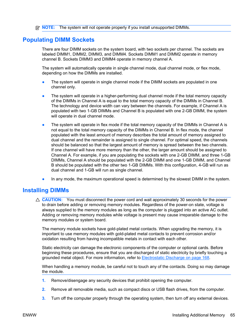 Populating dimm sockets, Installing dimms, Populating dimm sockets installing dimms | HP 6200 User Manual | Page 73 / 181