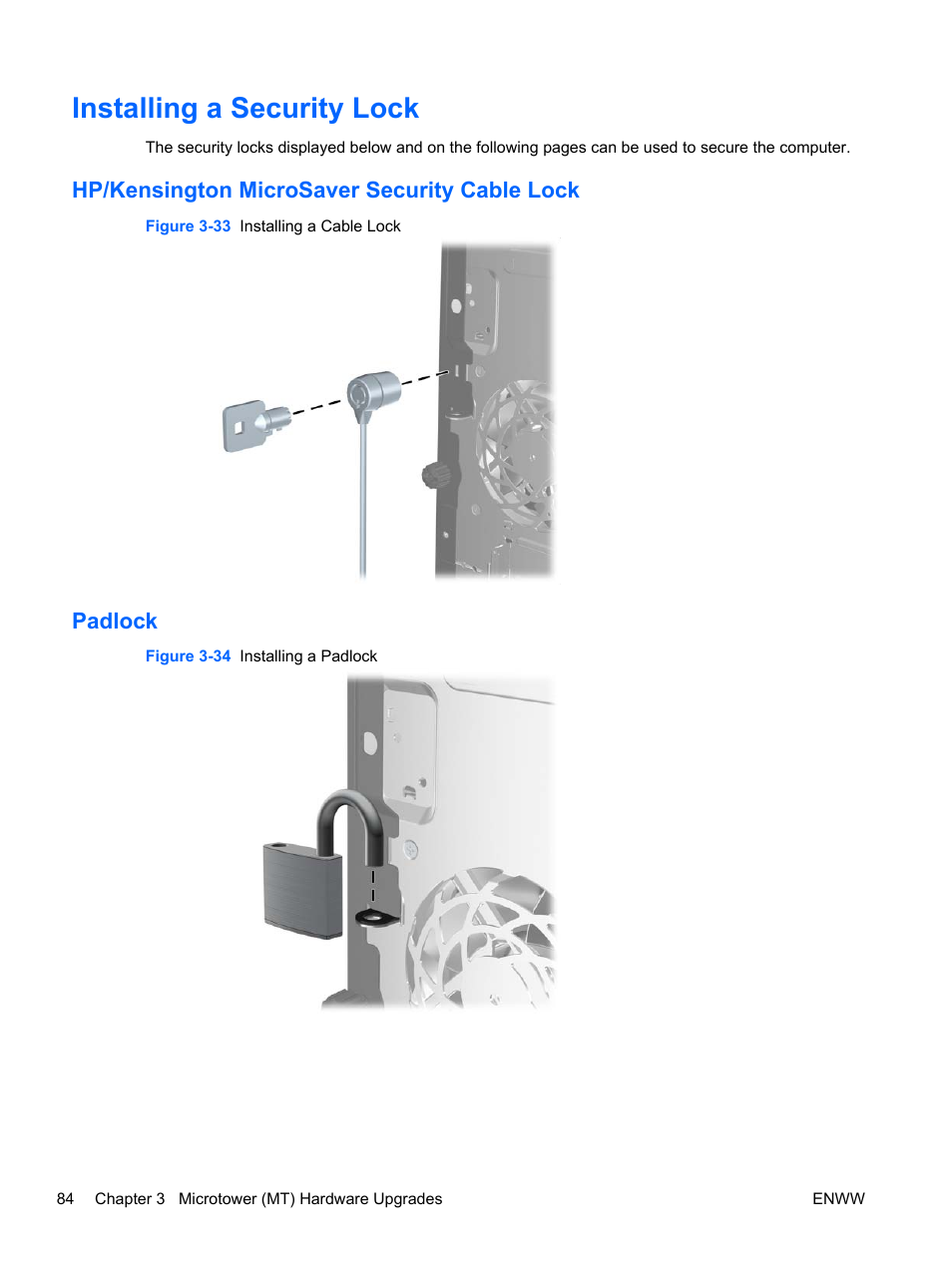 Installing a security lock, Hp/kensington microsaver security cable lock, Padlock | HP 6200 User Manual | Page 92 / 181