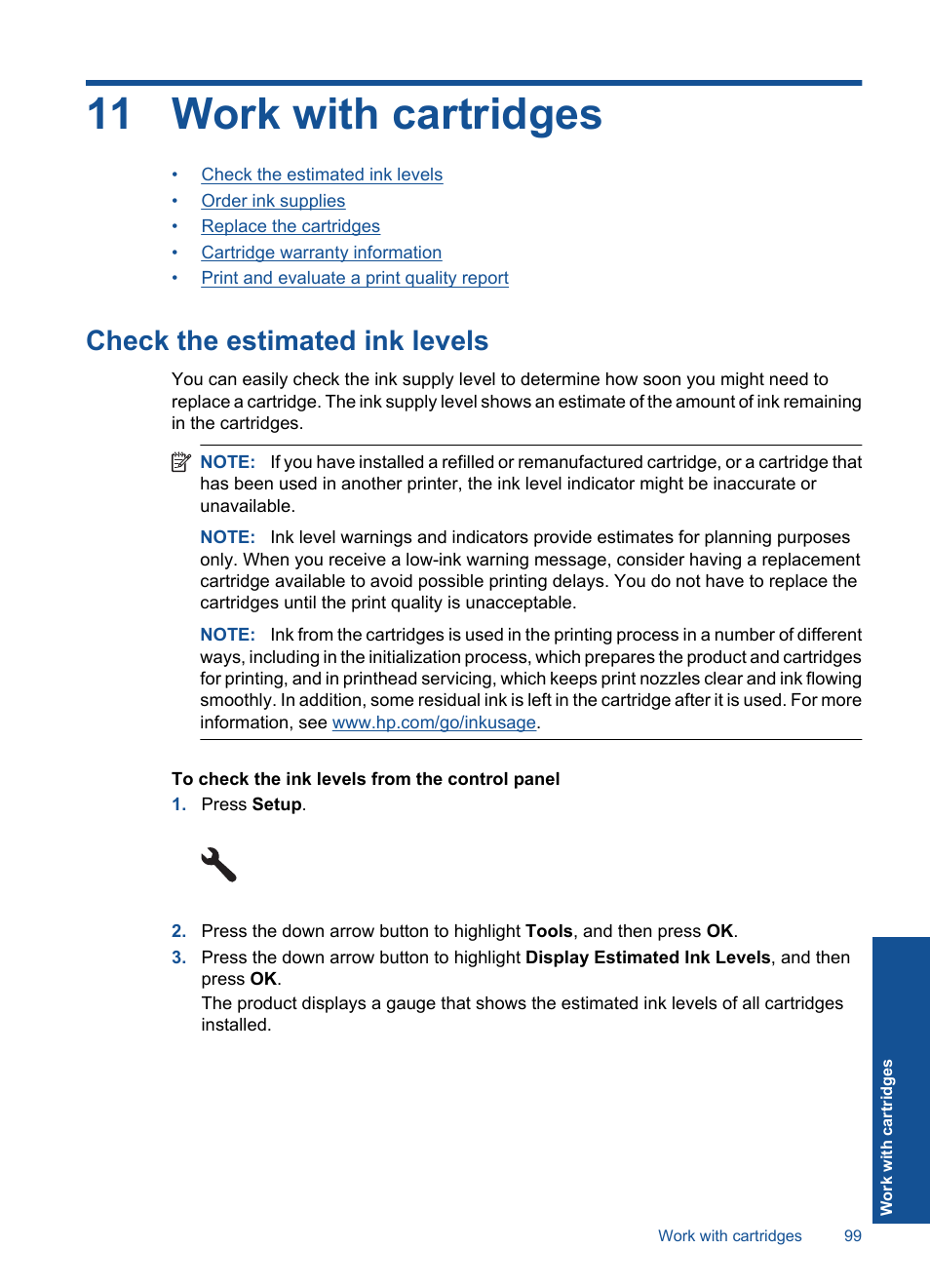 Work with cartridges, Check the estimated ink levels, 11 work with cartridges | HP Photosmart Premium Fax C410 User Manual | Page 101 / 264