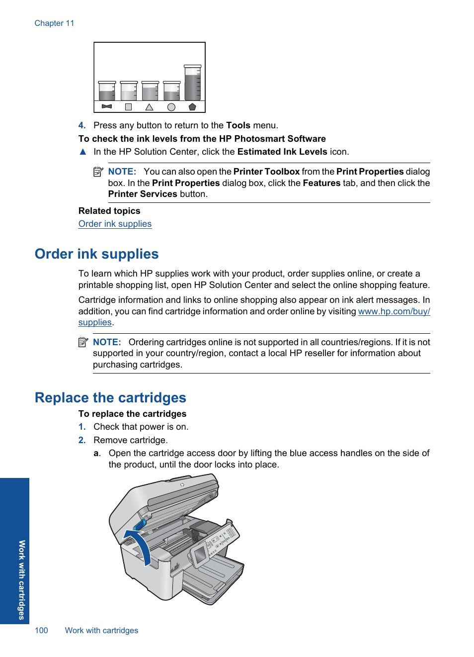 Order ink supplies, Replace the cartridges, Order ink supplies replace the cartridges | HP Photosmart Premium Fax C410 User Manual | Page 102 / 264