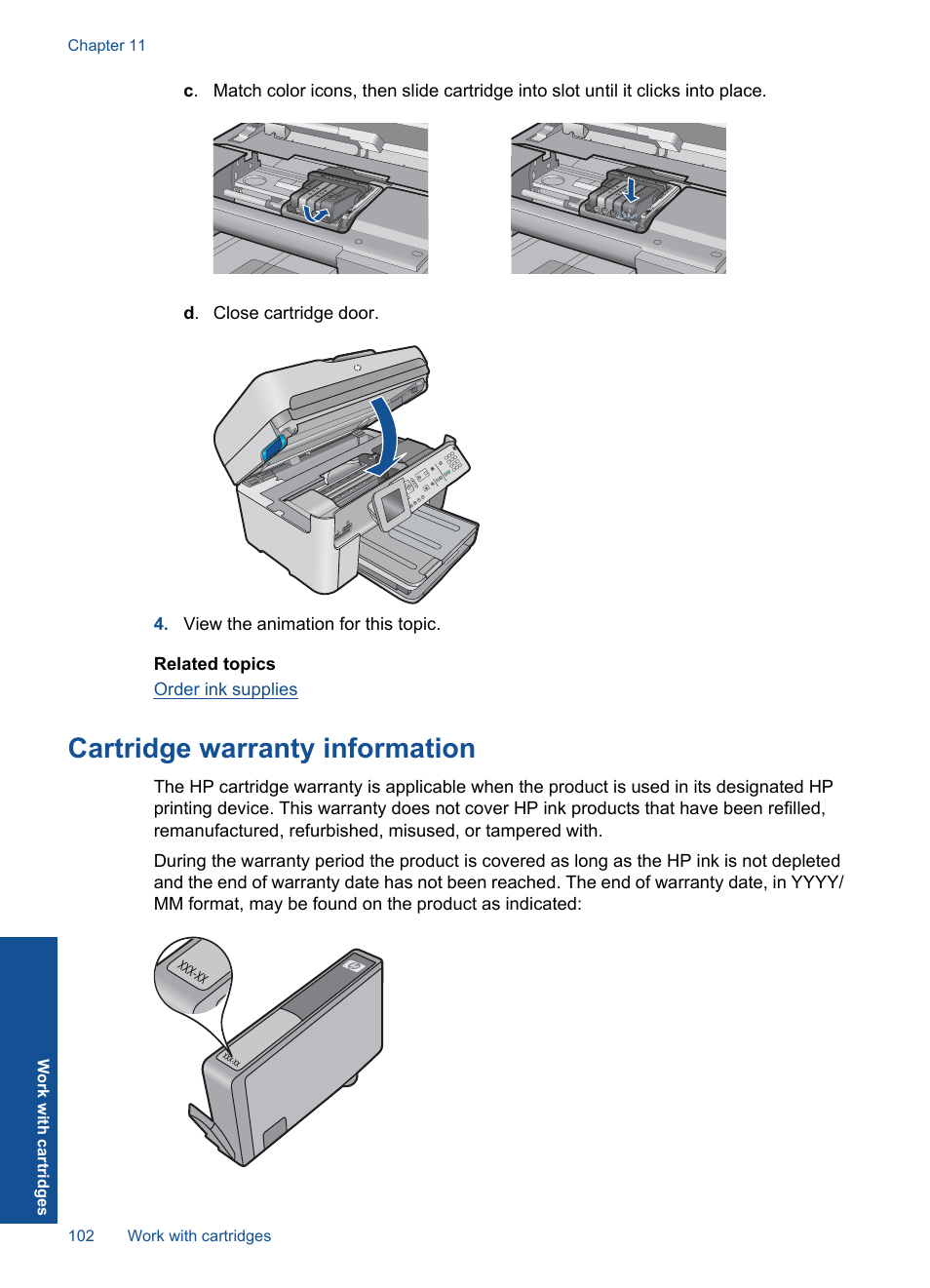 Cartridge warranty information | HP Photosmart Premium Fax C410 User Manual | Page 104 / 264